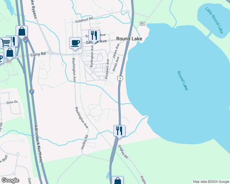 map of restaurants, bars, coffee shops, grocery stores, and more near 2146 U.S. 9 in Round Lake