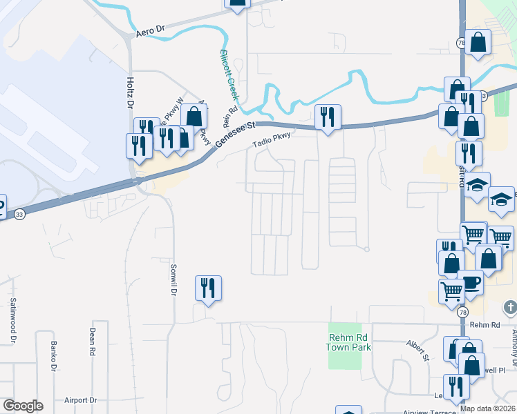 map of restaurants, bars, coffee shops, grocery stores, and more near 19 Lobue Lane in Cheektowaga
