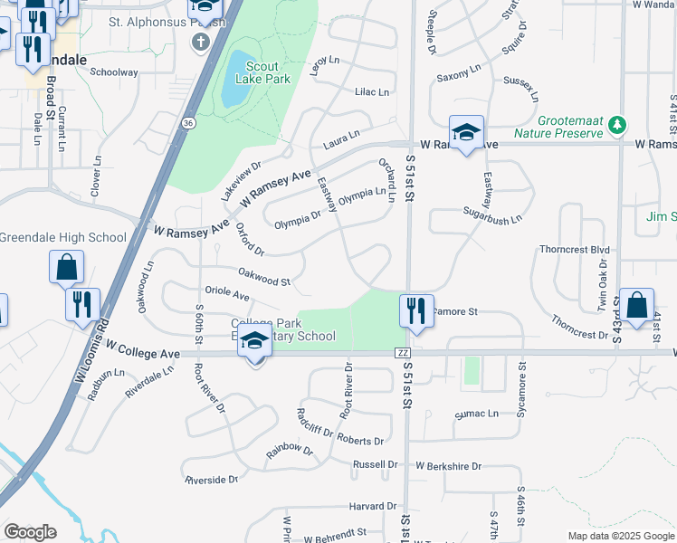 map of restaurants, bars, coffee shops, grocery stores, and more near 5301 Eastway in Greendale