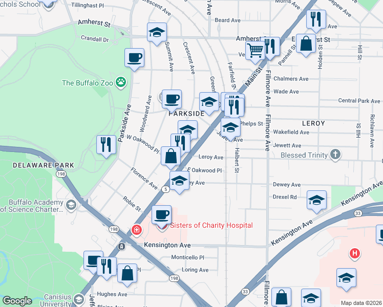 map of restaurants, bars, coffee shops, grocery stores, and more near 2358 Main Street in Buffalo