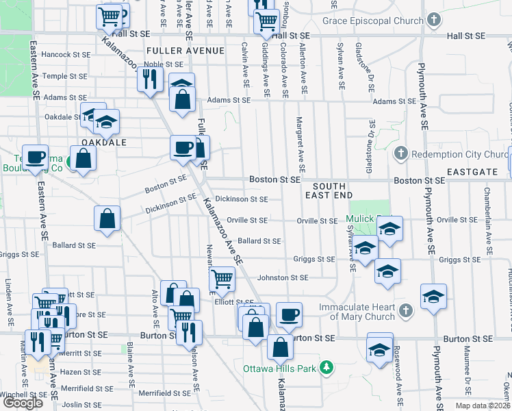 map of restaurants, bars, coffee shops, grocery stores, and more near 1321 Orville Street Southeast in Grand Rapids