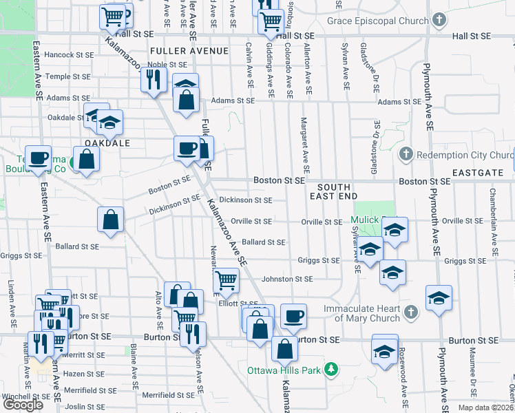 map of restaurants, bars, coffee shops, grocery stores, and more near 1321 Orville Street Southeast in Grand Rapids