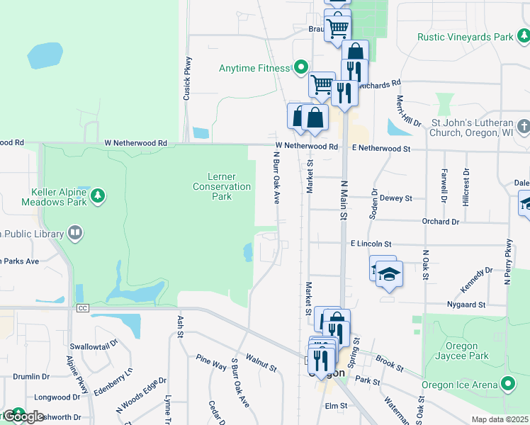 map of restaurants, bars, coffee shops, grocery stores, and more near 503 North Burr Oak Avenue in Oregon