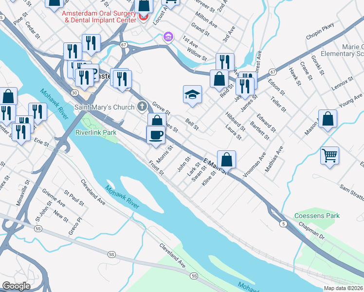map of restaurants, bars, coffee shops, grocery stores, and more near 235 Main Street in Amsterdam