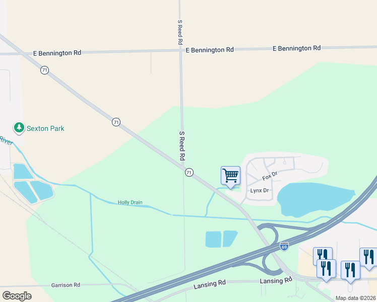 map of restaurants, bars, coffee shops, grocery stores, and more near 4475 South Reed Road in Durand