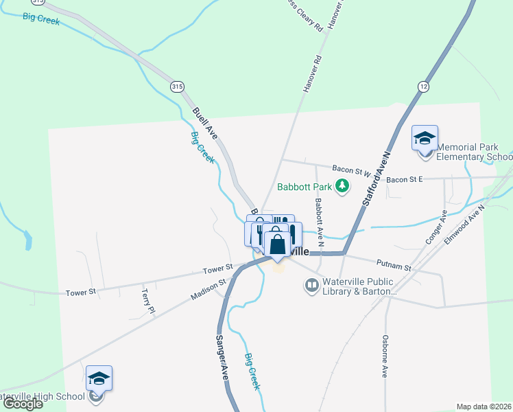 map of restaurants, bars, coffee shops, grocery stores, and more near 107 Berrill Avenue in Waterville