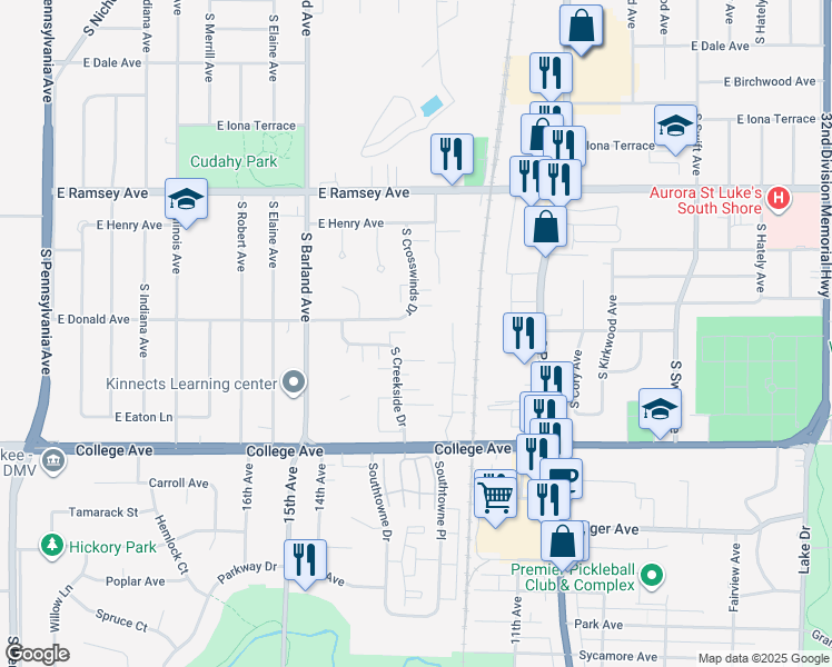 map of restaurants, bars, coffee shops, grocery stores, and more near 6172 South Creekside Drive in Cudahy