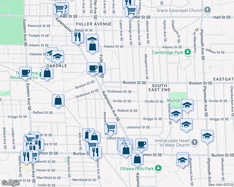 map of restaurants, bars, coffee shops, grocery stores, and more near 1246 Dickinson Street Southeast in Grand Rapids