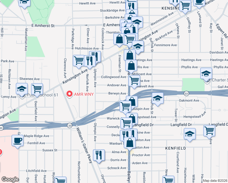 map of restaurants, bars, coffee shops, grocery stores, and more near 63 Berwyn Avenue in Buffalo