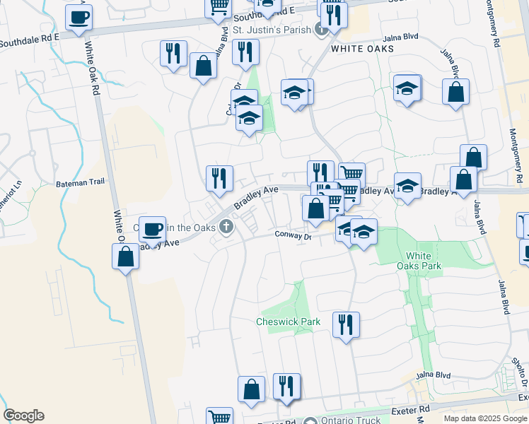 map of restaurants, bars, coffee shops, grocery stores, and more near 140 Conway Drive in London