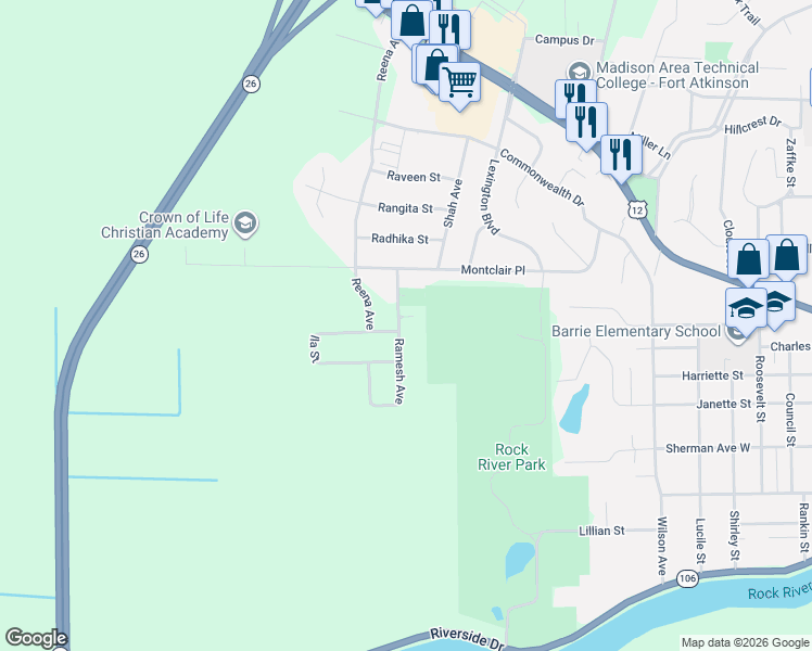 map of restaurants, bars, coffee shops, grocery stores, and more near 382 Ramesh Avenue in Fort Atkinson