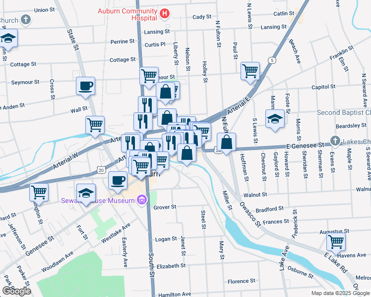 map of restaurants, bars, coffee shops, grocery stores, and more near in Auburn