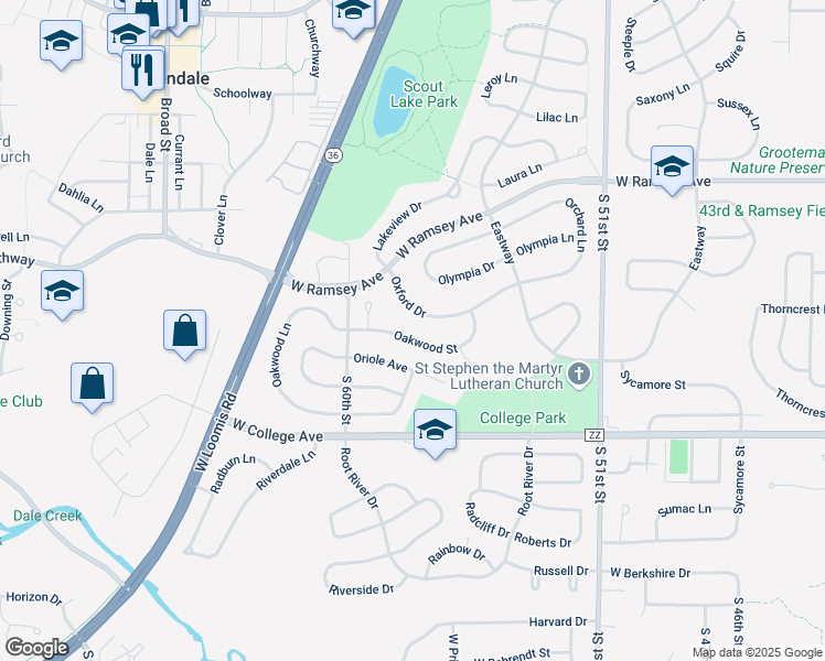 map of restaurants, bars, coffee shops, grocery stores, and more near 5819 Oakwood Street in Greendale