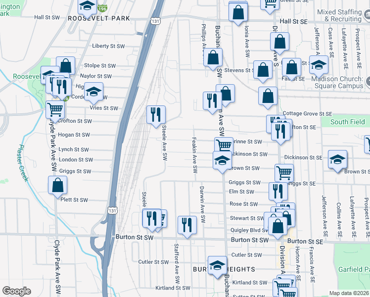 map of restaurants, bars, coffee shops, grocery stores, and more near 328 Dickinson Street Southwest in Grand Rapids