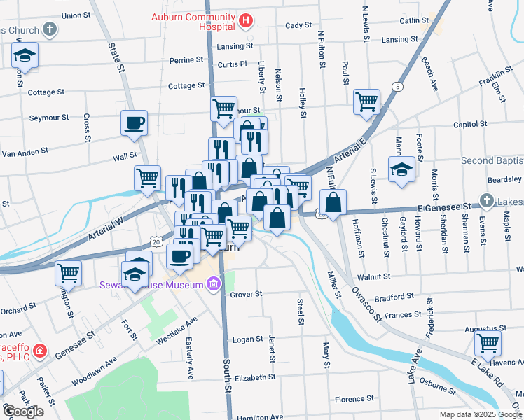 map of restaurants, bars, coffee shops, grocery stores, and more near 1 East Genesee Street in Auburn