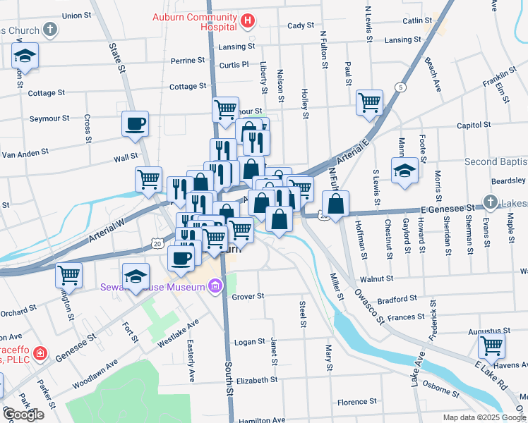 map of restaurants, bars, coffee shops, grocery stores, and more near 1 East Genesee Street in Auburn
