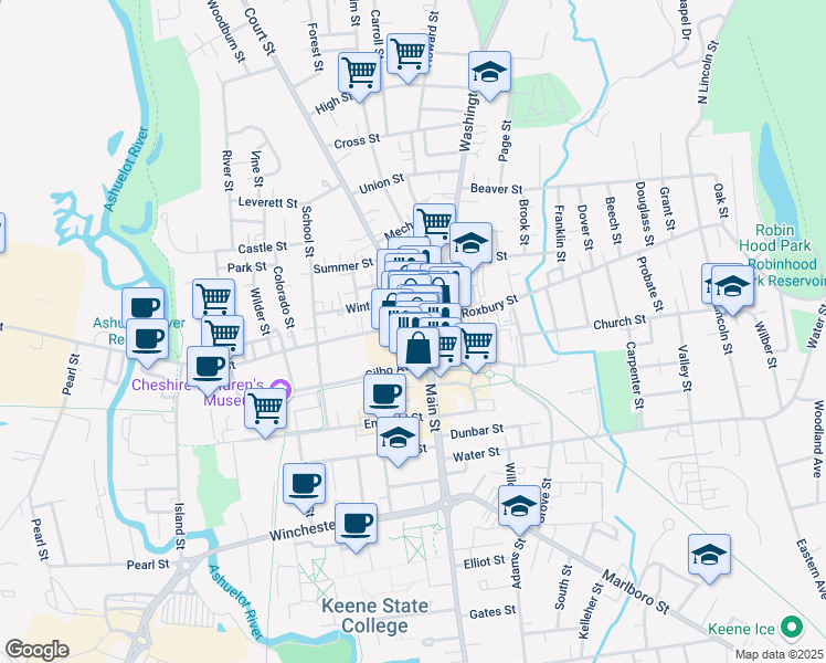 map of restaurants, bars, coffee shops, grocery stores, and more near 25 Main Street in Keene