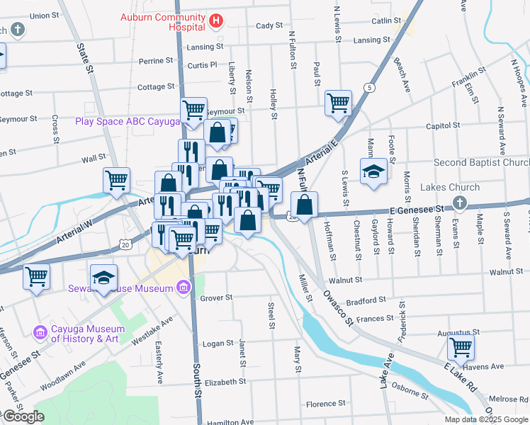 map of restaurants, bars, coffee shops, grocery stores, and more near 30 East Genesee Street in Auburn