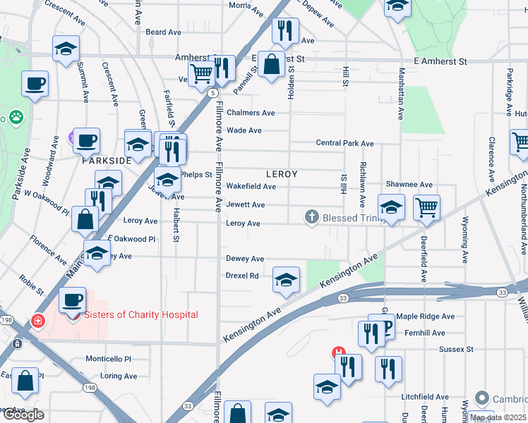 map of restaurants, bars, coffee shops, grocery stores, and more near 236 Leroy Avenue in Buffalo