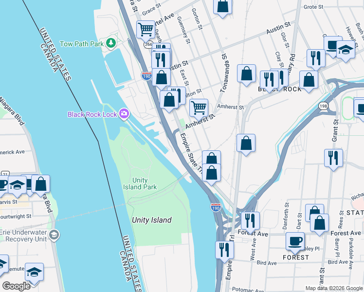 map of restaurants, bars, coffee shops, grocery stores, and more near 1787 Niagara Street in Buffalo