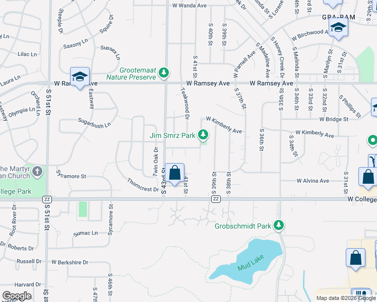 map of restaurants, bars, coffee shops, grocery stores, and more near 6151 South 41st Street in Greenfield