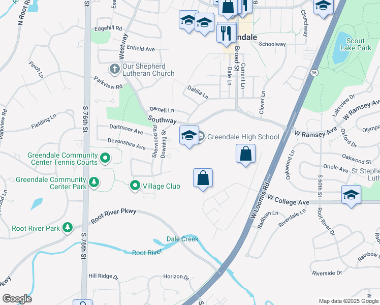 map of restaurants, bars, coffee shops, grocery stores, and more near 6801 Southway in Greendale