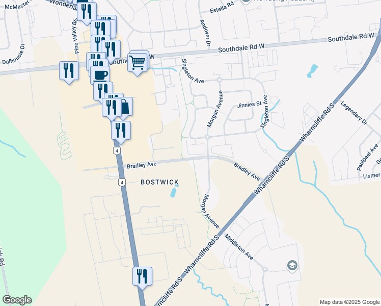 map of restaurants, bars, coffee shops, grocery stores, and more near 3455 Morgan Crescent in London