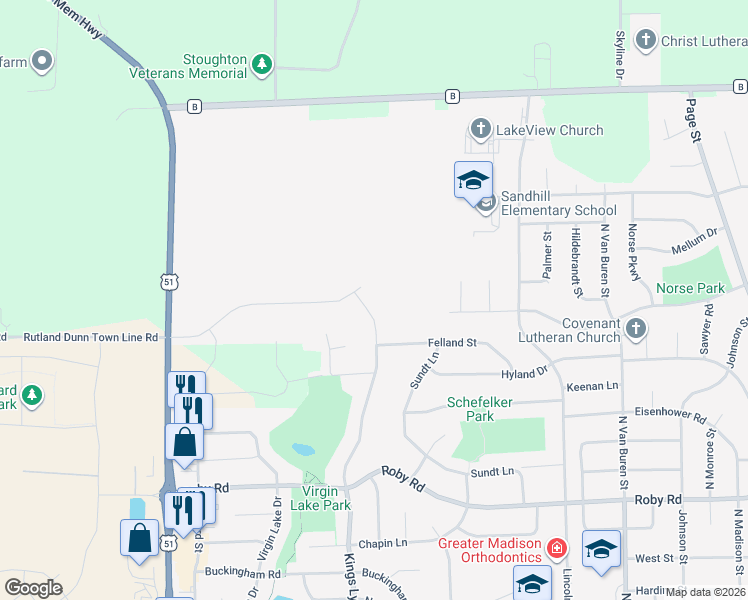 map of restaurants, bars, coffee shops, grocery stores, and more near 1608 Felland Street in Stoughton
