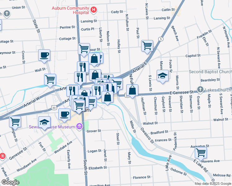 map of restaurants, bars, coffee shops, grocery stores, and more near 30 East Genesee Street in Auburn