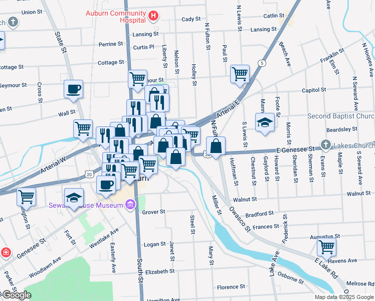 map of restaurants, bars, coffee shops, grocery stores, and more near 30 East Genesee Street in Auburn