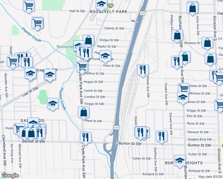 map of restaurants, bars, coffee shops, grocery stores, and more near 625 Lynch Street Southwest in Grand Rapids