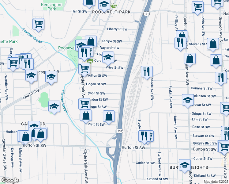 map of restaurants, bars, coffee shops, grocery stores, and more near 625 Lynch Street Southwest in Grand Rapids