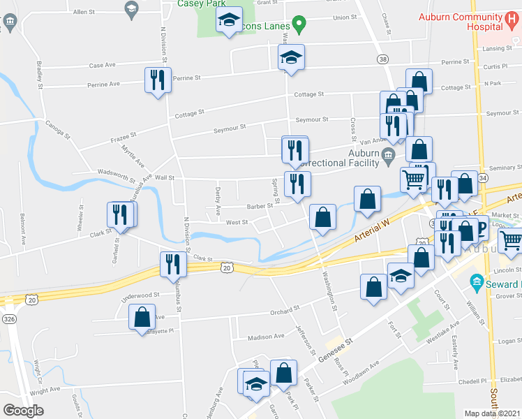 map of restaurants, bars, coffee shops, grocery stores, and more near 20 Barber Street in Auburn