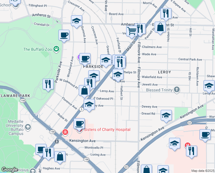 map of restaurants, bars, coffee shops, grocery stores, and more near in Buffalo