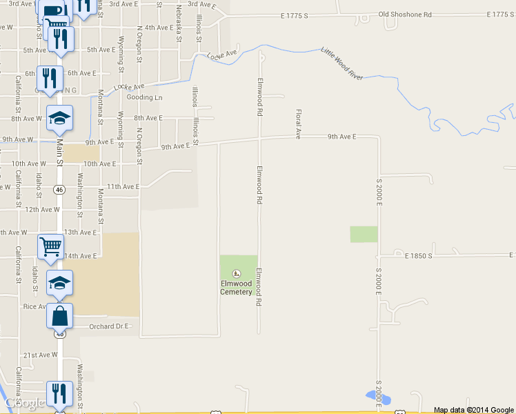 map of restaurants, bars, coffee shops, grocery stores, and more near 1845 Elmwood Road in Gooding