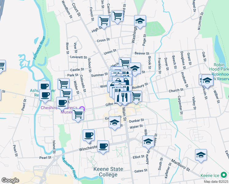 map of restaurants, bars, coffee shops, grocery stores, and more near 25 Main Street in Keene