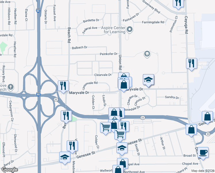 map of restaurants, bars, coffee shops, grocery stores, and more near 886 Maryvale Drive in Buffalo