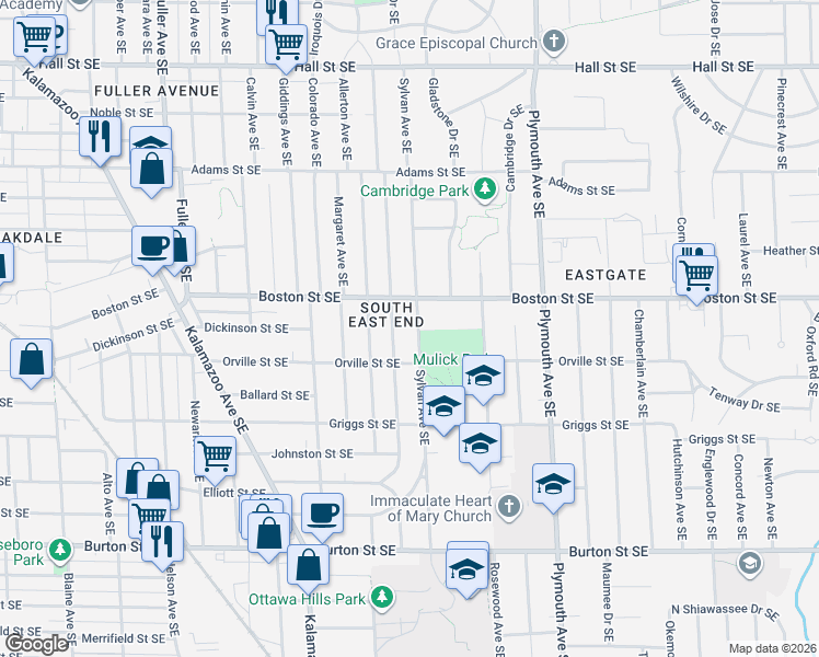 map of restaurants, bars, coffee shops, grocery stores, and more near 1647 Sylvan Avenue Southeast in Grand Rapids