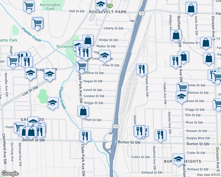 map of restaurants, bars, coffee shops, grocery stores, and more near 606 Lynch Street Southwest in Grand Rapids