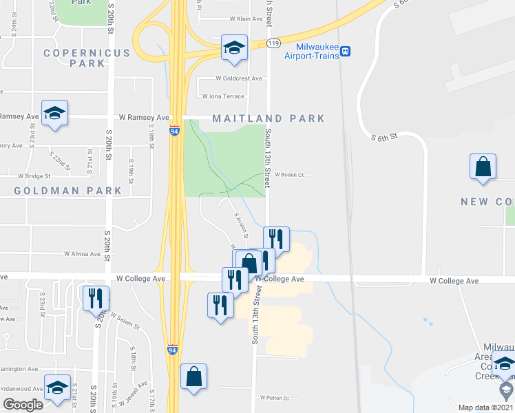map of restaurants, bars, coffee shops, grocery stores, and more near 6147 South 13th Street in Milwaukee