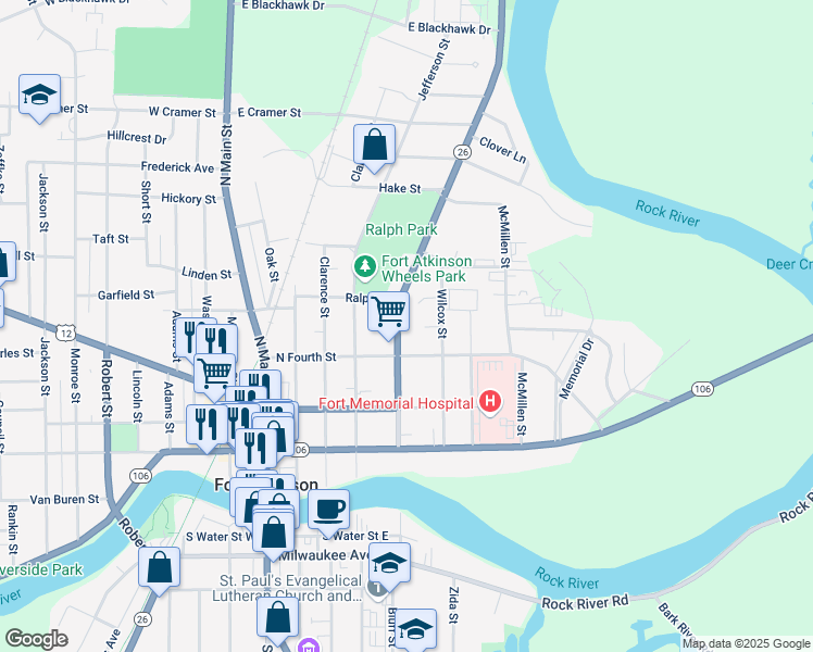 map of restaurants, bars, coffee shops, grocery stores, and more near 410 North High Street in Fort Atkinson