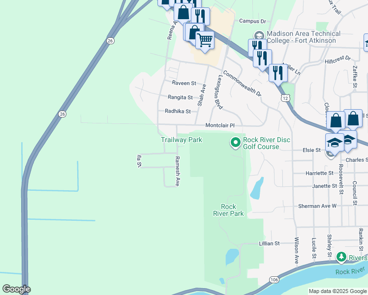 map of restaurants, bars, coffee shops, grocery stores, and more near 382 Ramesh Avenue in Fort Atkinson
