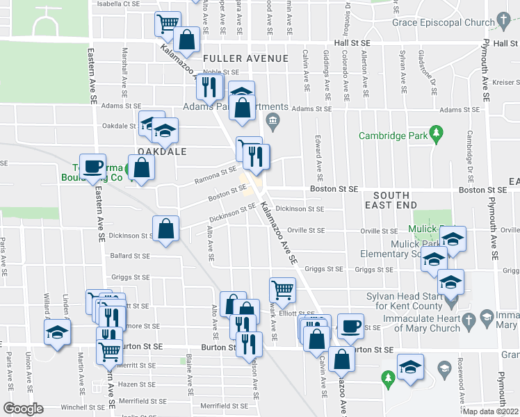 map of restaurants, bars, coffee shops, grocery stores, and more near 1639 Kalamazoo Avenue Southeast in Grand Rapids