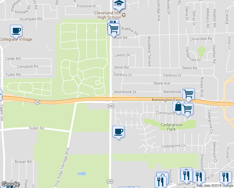 map of restaurants, bars, coffee shops, grocery stores, and more near 17 Westbrook Drive in Buffalo