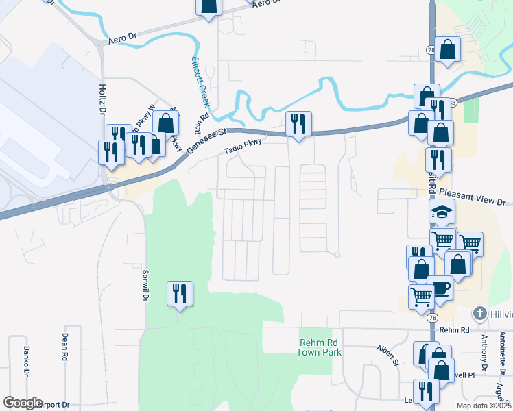 map of restaurants, bars, coffee shops, grocery stores, and more near 24 Tammy Lane in Cheektowaga