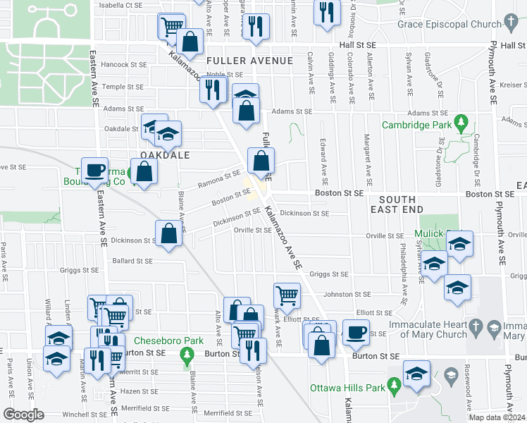 map of restaurants, bars, coffee shops, grocery stores, and more near 1637 Kalamazoo Avenue Southeast in Grand Rapids