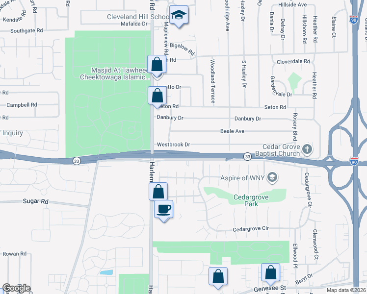 map of restaurants, bars, coffee shops, grocery stores, and more near 65 Westbrook Drive in Cheektowaga