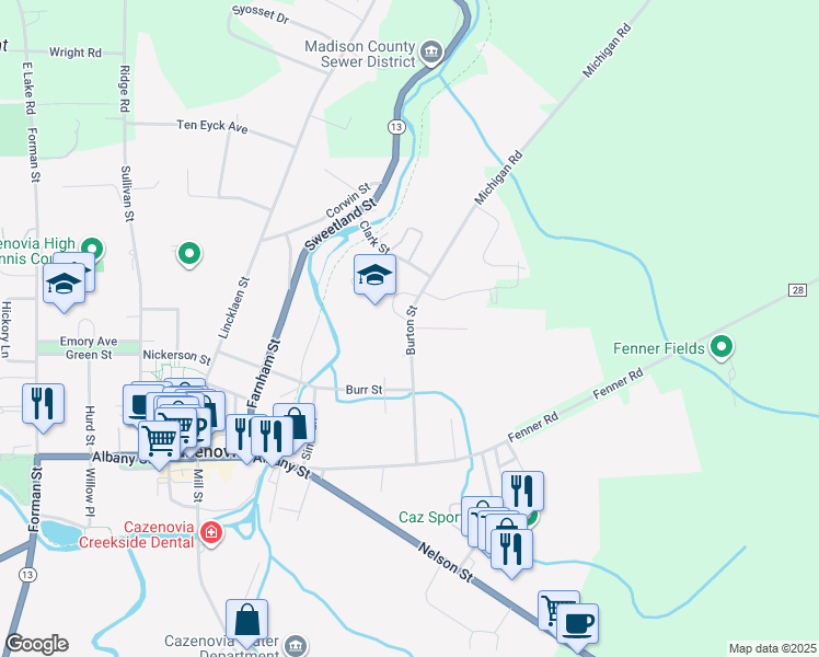 map of restaurants, bars, coffee shops, grocery stores, and more near 37 Burton Street in Cazenovia
