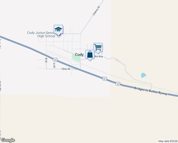 map of restaurants, bars, coffee shops, grocery stores, and more near Bridges to Buttes Byway in Cody
