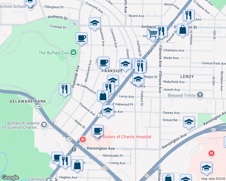 map of restaurants, bars, coffee shops, grocery stores, and more near 2358 Main Street in Buffalo